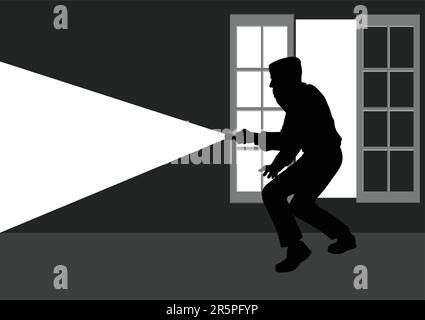 Silhouette illustration of a thief break into the house through window Stock Vector