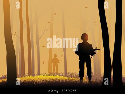 Silhouette illustration of soldiers in the dark woods Stock Vector