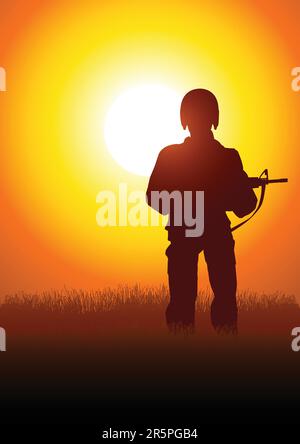 Silhouette illustration of a soldier standing on grass field Stock Vector