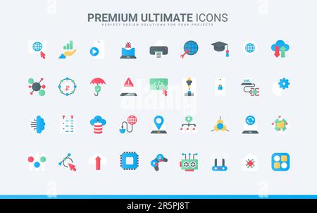 Information technology trendy flat icons set vector illustration. Internet network system and computer database symbols, big data analysis and protection, exchange and download, support center Stock Vector