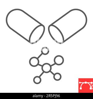 Amino acids line icon, supplements and vitamins, capsule with bcaa vector icon, vector graphics, editable stroke outline sign, eps 10. Stock Vector