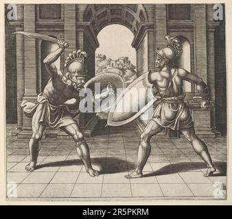 Two gladiators fighting in front of an arch - Artist: Master of the Die (Italian, active Rome, ca. 1530–60)  Artist: After Giulio Romano (Italian, Rom Stock Photo