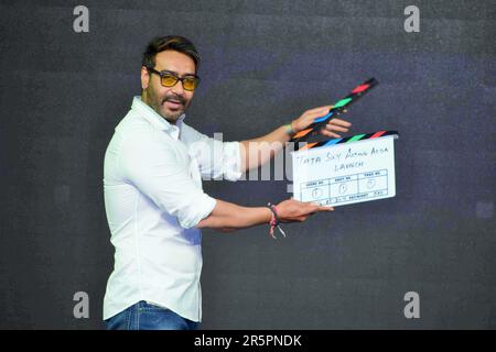 Ajay Devgan, Vishal Veeru Devgan, Ajay Devgn, Indian actor, film director, editor, producer, Tata Sky launch, Acting Adda launch, Mumbai, India, 16 May 2017 Stock Photo