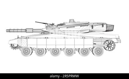 Isolated vector image for military concepts. Military tank. Military equipment. Blueprint of realistic tank. Detailed armored car. Industrial drawing. Stock Vector