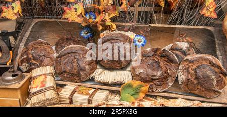 Freshly baked bread in bakery window. Stock Photo