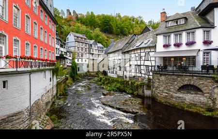 View of Rur river through the old city of Monschau in Germany. Stock Photo