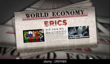 BRICS Brazil Russia India China South Africa economy association vintage news and newspaper printing. Abstract concept retro headlines 3d illustration Stock Photo