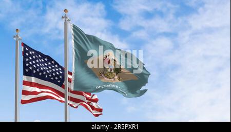 Delaware state flag waving with the national flag of the United States of America on a clear day. 3D illustration render. Rippled textile Stock Photo