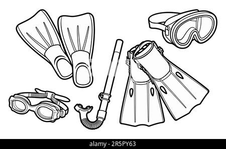 Cartoon set of cute doodle scuba diving equipment. Summer swimming objects vector funny illustration. Stock Vector