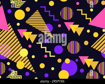 Memphis seamless pattern with geometric shapes in 80s style. Multicolored geometric shapes on black. Design of promotional products, wrapping paper an Stock Vector