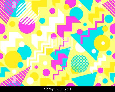 Memphis seamless pattern with geometric shapes in 80s style. Multicolored geometric shapes. Design of promotional products, wrapping paper, covers and Stock Vector
