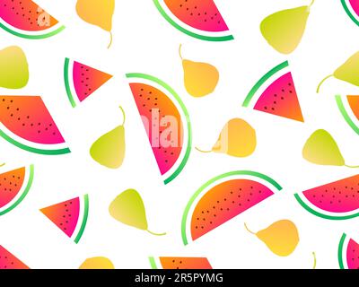 Seamless pattern with watermelon slices and pears, gradient colors. Summer fruit mix with pears and watermelon on white background. Design for print, Stock Vector