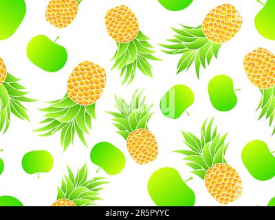 Pineapples and apples seamless pattern. Summer fruit mix with gradient apples and pineapples on a white background. Design for print, banners and post Stock Vector