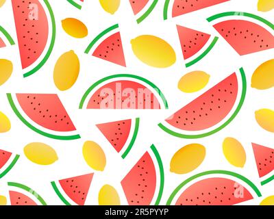 Seamless pattern with watermelon slices and lemons, gradient colors. Summer fruit mix with lemon and watermelon on a white background. Design for prin Stock Vector