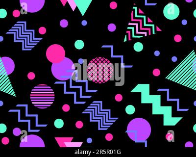 Memphis seamless pattern with geometric shapes in 80s style. Multicolored geometric shapes on black. Design of promotional products, wrapping paper an Stock Vector
