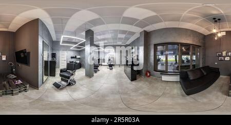 360 degree panoramic view of MINSK, BELARUS - APRIL, 2021: full seamless hdri 360 panorama in interior prestige modern beauty studio salon or barbershop in equirectangular spheric