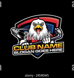 Eagle head logo for the ice hockey team logo. vector illustration. With a combination of shields badge, puck and ice hockey stick Stock Vector