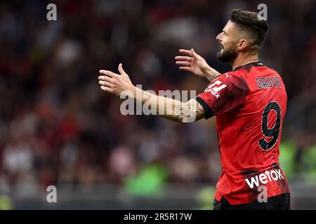 Olivier Giroud of AC Milan with AC Milan new jersey during the Serie A 2021/ 22 football match between AC Milan and Bologna FC at Giuseppe Meazza  Stadium, Milan, Italy on April 04