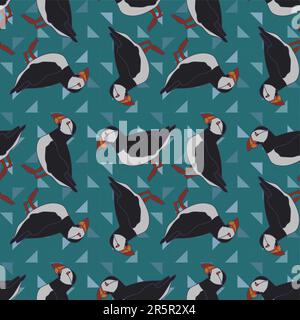 Seamless pattern with Atlantic puffin. Fratercula arctica or common puffin birds design vector illustration. great for textiles, banners, wallpapers. Stock Vector