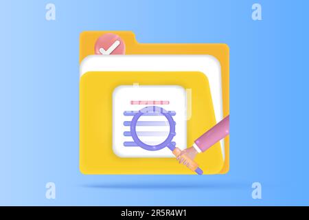 3d searching concept of todo database list management. Searching magnifying, file manager, todo list, safety check mark. 3d vector render with Blue ba Stock Vector