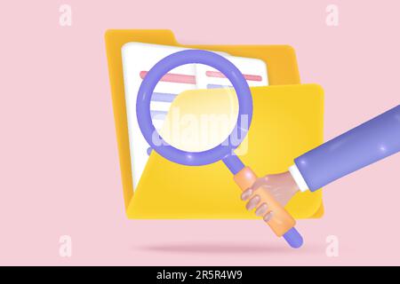 3d concept of file management. Searching magnifying document database, time management, todo list concept. 3d vector render with purple background Stock Vector