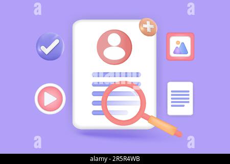 3d searching concept of image, video, media file management, document database with safety protection. Todo checklist note, media storage, docs icon c Stock Vector