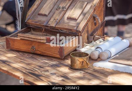 Ancient roman writing and documents management  implements. Military scribe table Stock Photo