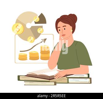 Financial literacy concept.Woman studying money in book.Personal finance management,education,saving,budgeting,investing,managing expense.Flat graphic Stock Photo