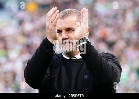 File photo dated 14-05-2022 of Celtic manager Ange Postecoglou applauds the fans. Celtic boss Ange Postecoglou appears to be moving towards a swift resolution of his future amid reports he has verbally agreed to become Tottenham???s new manager. Issue date: Monday June 5, 2023. Stock Photo