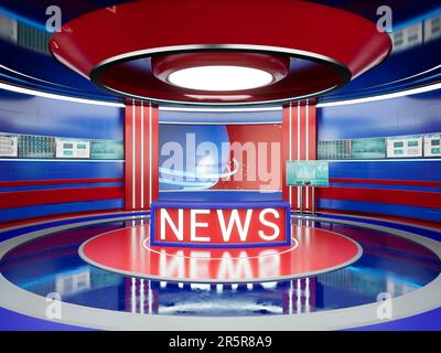 News room set with desk and stage, broadcast world news on international television channel. Modern news studio for entertainment program, cinematic design. 3d render animation. Stock Photo