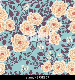 Floral Seamless Pattern White Flowers and Purple Leaves on Light Blue Backdrop in Chinoiserie Style. Hand Drawn Art. Wallpaper Design for Textiles, Papers, Prints, Fashion Backgrounds, Beauty Products Stock Vector