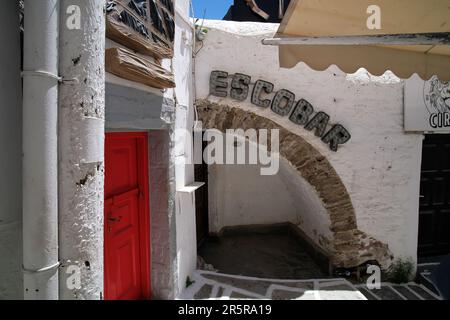 Ios, Greece - May 16, 2021 : View of various bars in the center of Ios Greece Stock Photo