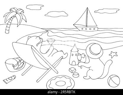 Cats are relaxing on the beach graphic black white landscape sketch illustration vector Stock Vector