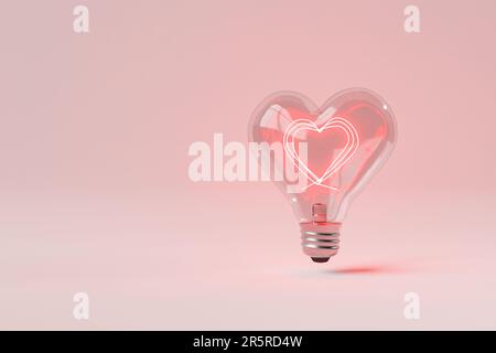 A vibrant pink heart-shaped light bulb illuminated on a soft pink background Stock Photo