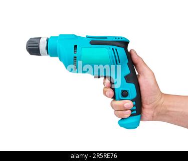 Hand holds cordless electric screwdriver with bit for screws isolated on white background. Stock Photo