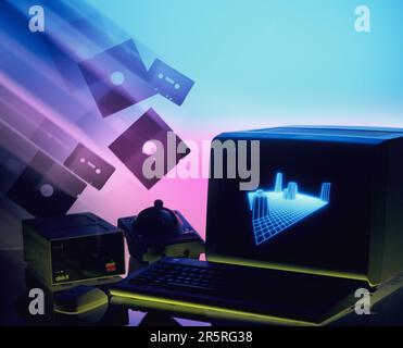 Still life. Old technology concept. IBM personal computer with Apple floppy drive, flying disks & cassette tapes. Stock Photo