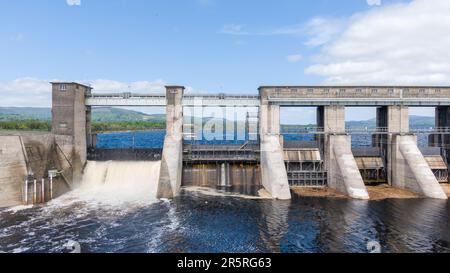 O'Brien's Bridge water dam, Clare Ireland -May,28, 2022,Parteen Weir in the headrace canal to Ardnacrusha Power Station Stock Photo