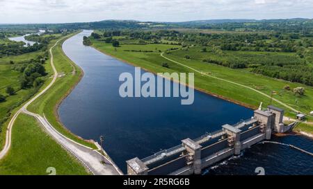 O'Brien's Bridge water dam, Clare Ireland -May,28, 2022,Parteen Weir in the headrace canal to Ardnacrusha Power Station Stock Photo