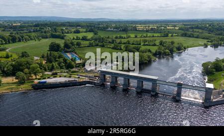 O'Brien's Bridge water dam, Clare Ireland -May,28, 2022,Parteen Weir in the headrace canal to Ardnacrusha Power Station Stock Photo