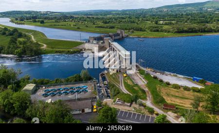 O'Brien's Bridge water dam, Clare Ireland -May,28, 2022,Parteen Weir in the headrace canal to Ardnacrusha Power Station Stock Photo