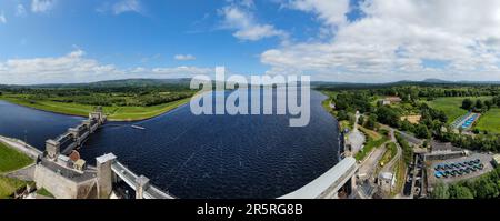 O'Brien's Bridge water dam, Clare Ireland -May,28, 2022,Parteen Weir in the headrace canal to Ardnacrusha Power Station Stock Photo