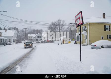 Street with the snow in the town of Saco, Maine Stock Photo