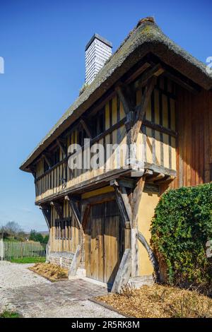 France, Eure, Saint-Sulpice-de-Grimbouville, Risle valley, half-timbered town hall and thatched roof Stock Photo