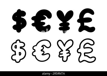 Scribble currency money finance sign icons Euro, Dollar, Yen, Pound set. Vector illustration in hand drawn cartoon doodle style isolated on white back Stock Vector