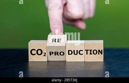 Hand turns wooden cube and changes the expression 'CO2 production' to 'CO2 reduction'. Stock Photo