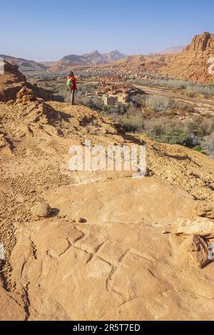 Morocco, Roses Valley, yaz engraved on a stone, symbol of the Amazigh ...