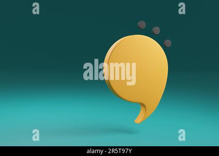 Yellow speech bubble or apostrophe sign with 3 black dots above on green background. Illustration of the concept of communication and discussion Stock Photo