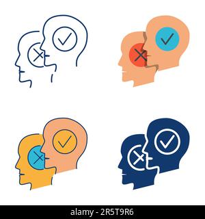 Opinion icon set in flat and line style. Agreement and disagreement. Heads with tick and cross symbols. Vector illustration. Stock Vector