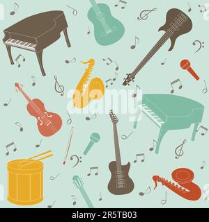 Seamless pattern with musical instruments and note symbols Stock Vector