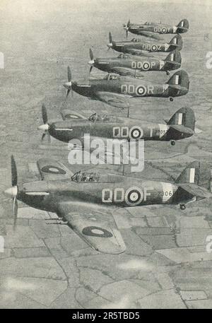 Hawker Hurricanes flying in line abreast during WW2 Stock Photo